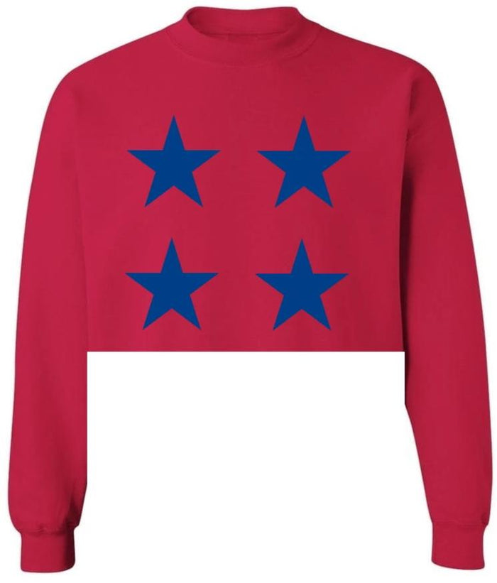 Star Power Red Raw Hem Cropped Crewneck with Royal Blue Stars