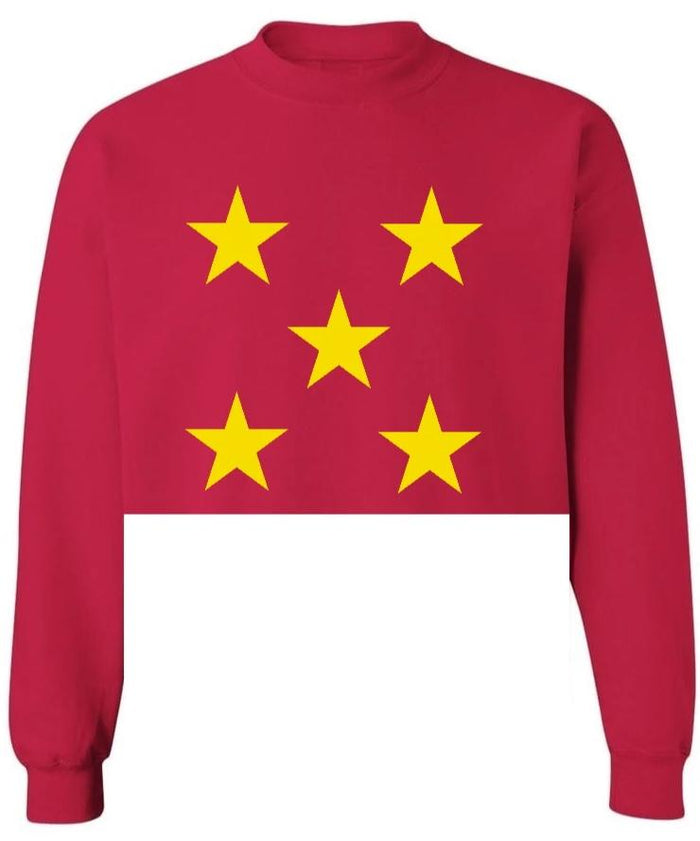 Star Power Red Raw Hem Cropped Crewneck with Bright Gold Stars