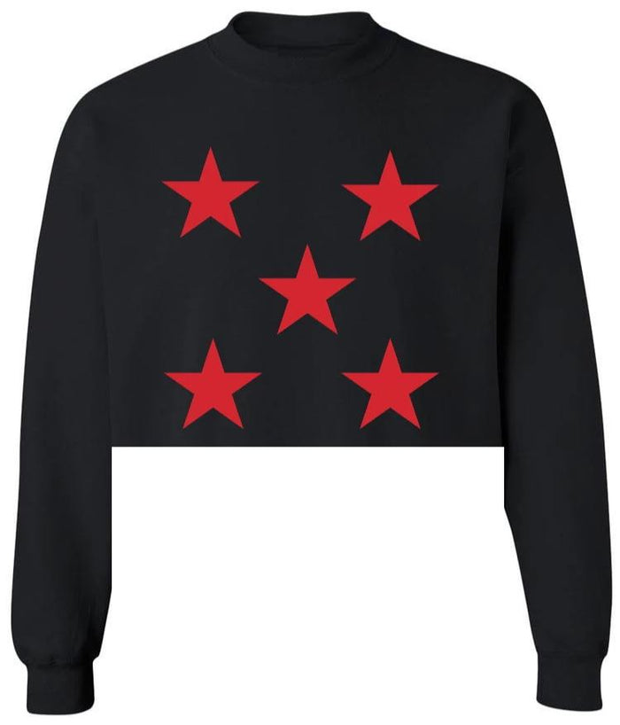 Star Power Black Raw Hem Cropped Crewneck with Red Stars