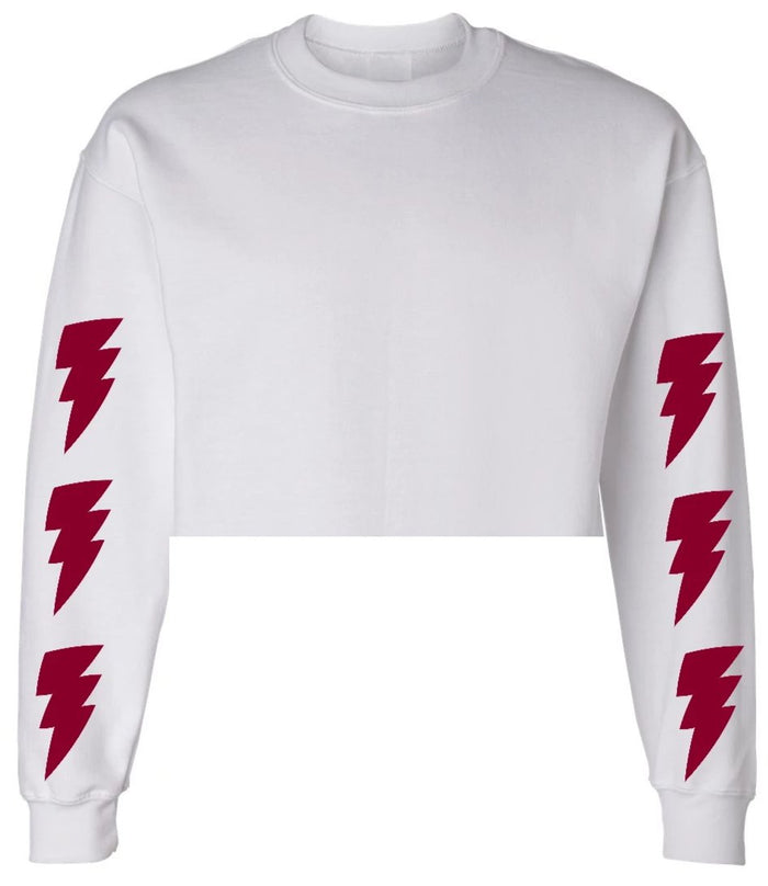 Lightning White Raw Hem Cropped Crewneck with Maroon Bolts
