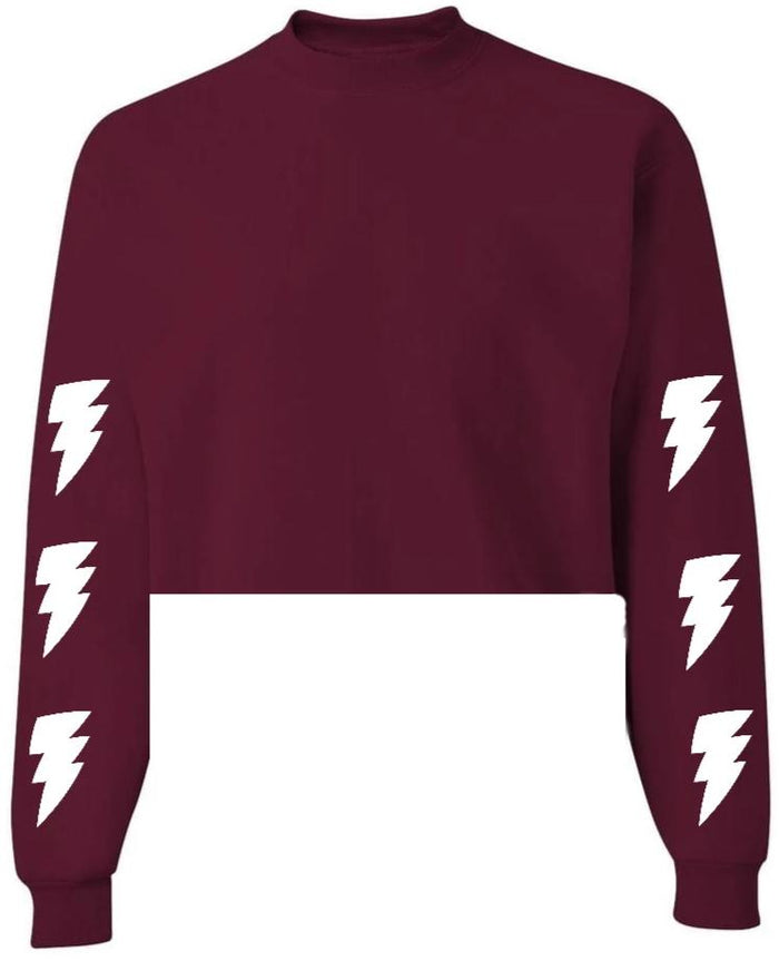 Lightning Maroon Raw Hem Cropped Crewneck with White Bolts