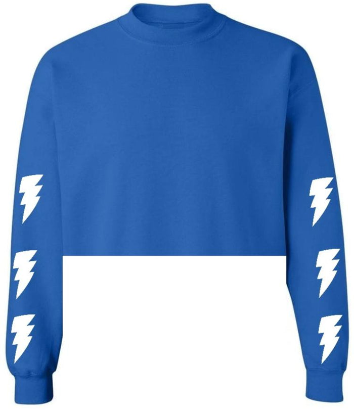 Lightning Royal Blue Raw Hem Cropped Crewneck with White Bolts