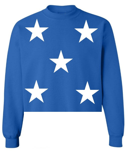 Star Power Royal Blue Raw Hem Cropped Crewneck with White Stars