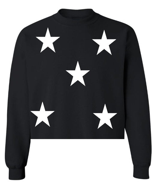 Star Power Black Raw Hem Cropped Crewneck with White Stars