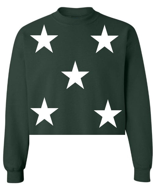 Star Power Forest Green Raw Hem Cropped Crewneck with White Stars