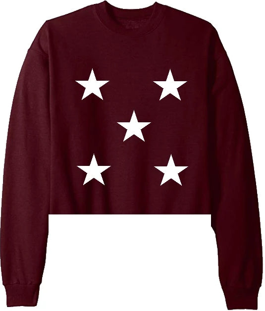 Star Power Maroon Raw Hem Cropped Crewneck with White Stars