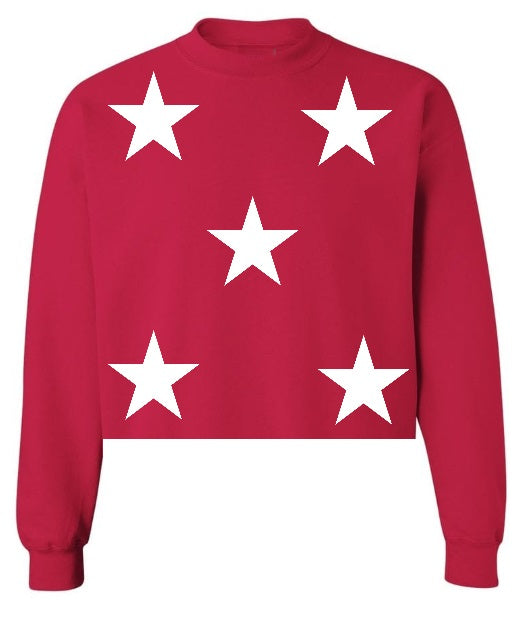 Star Power Red Raw Hem Cropped Crewneck with White Stars