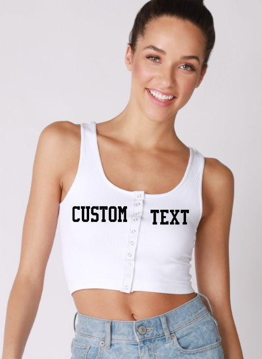Custom Single Color Text Peyton Seamless Ribbed Snap Front Crop Top (Available in 2 Colors)