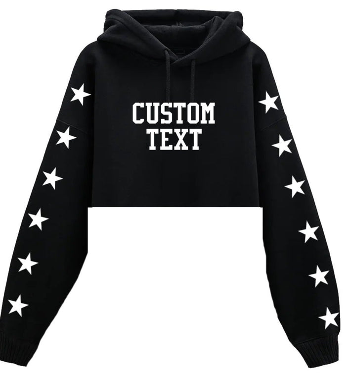 Custom Stars & Text Cropped Black Hoodie - Customize Your Star & Text Color!