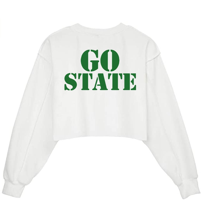 Go State Glitter Raw Hem Cropped Sweatshirt