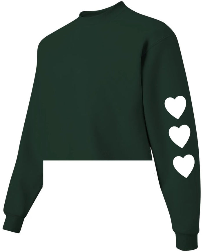Wild At Heart Forest Green Raw Hem Cropped Crewneck with White Hearts