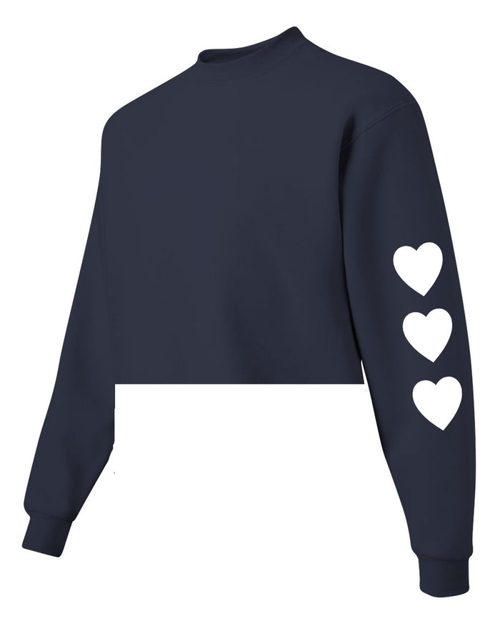 Wild At Heart Navy Raw Hem Cropped Crewneck with White Hearts