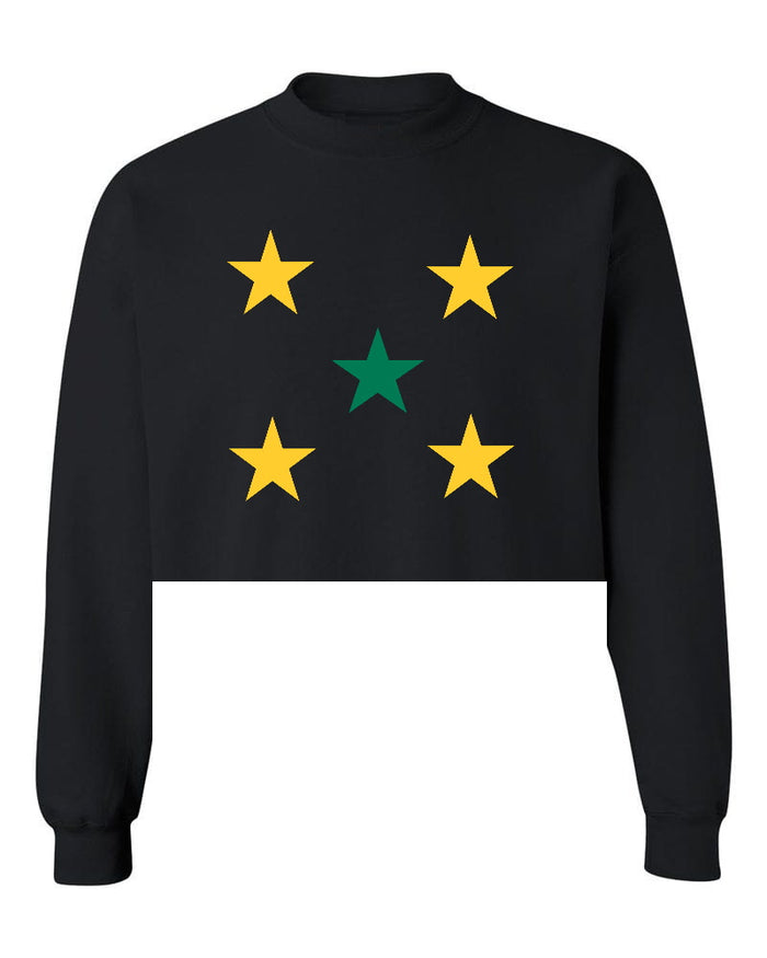 Star Power Black Raw Hem Cropped Crewneck with Green and Yellow Stars