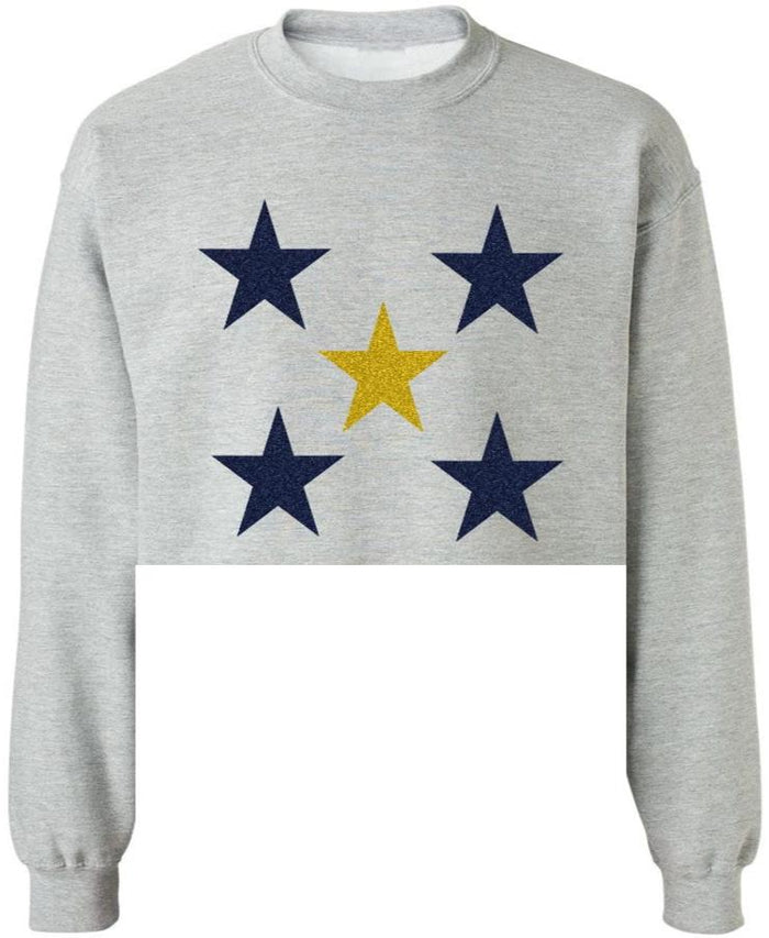 Star Power Grey Raw Hem Cropped Crewneck with Navy and Gold Glitter Stars