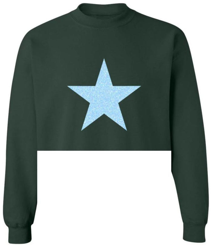 Star Power Forest Green Raw Hem Cropped Crewneck with a Big Blue Star