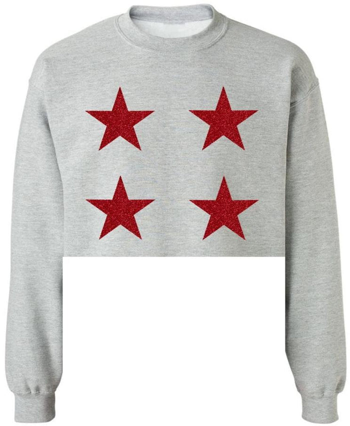 Star Power Grey Raw Hem Cropped Crewneck with Red Glitter Stars