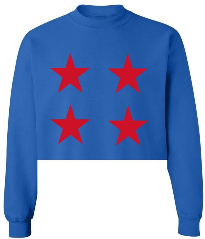 Star Power Royal Blue Raw Hem Cropped Crewneck with Red Stars