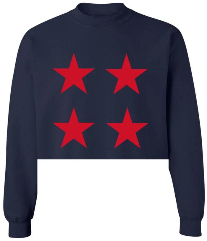 Star Power Navy Raw Hem Cropped Crewneck with Red Stars