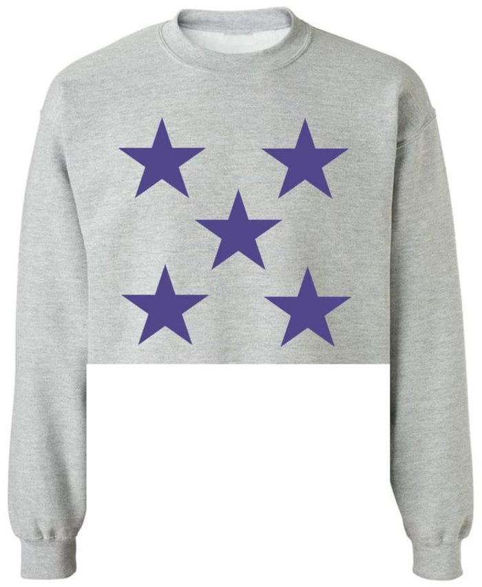 Star Power Grey Raw Hem Cropped Crewneck with Purple Stars