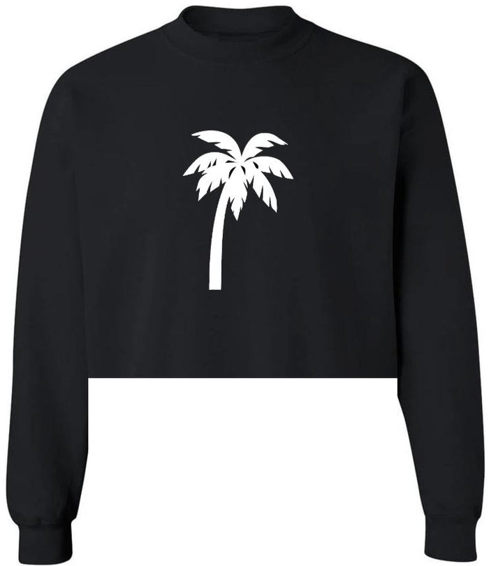 Palm Tree Black Raw Hem Cropped Crewneck