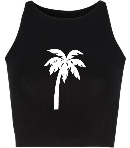 Palm Tree Black Cotton Spandex Crop Top