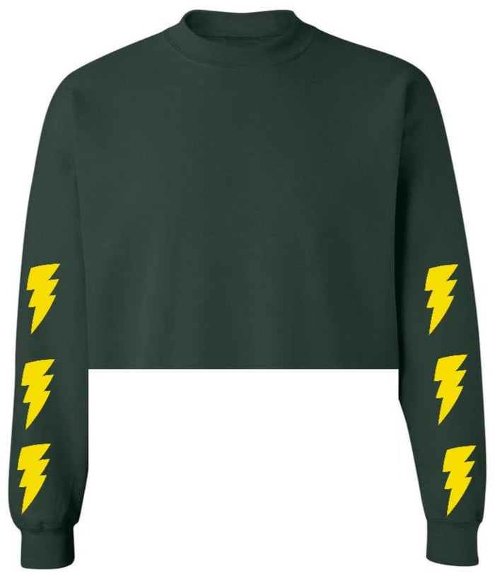 Lightning Forest Green Raw Hem Cropped Crewneck with Yellow Bolts