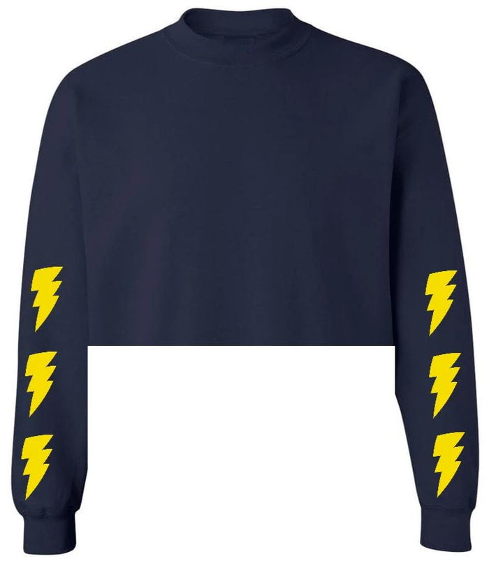 Lightning Navy Raw Hem Cropped Crewneck with Yellow Bolts