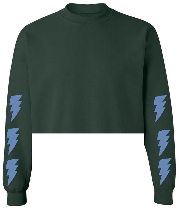 Lightning Forest Green Raw Hem Cropped Crewneck with Blue Bolts