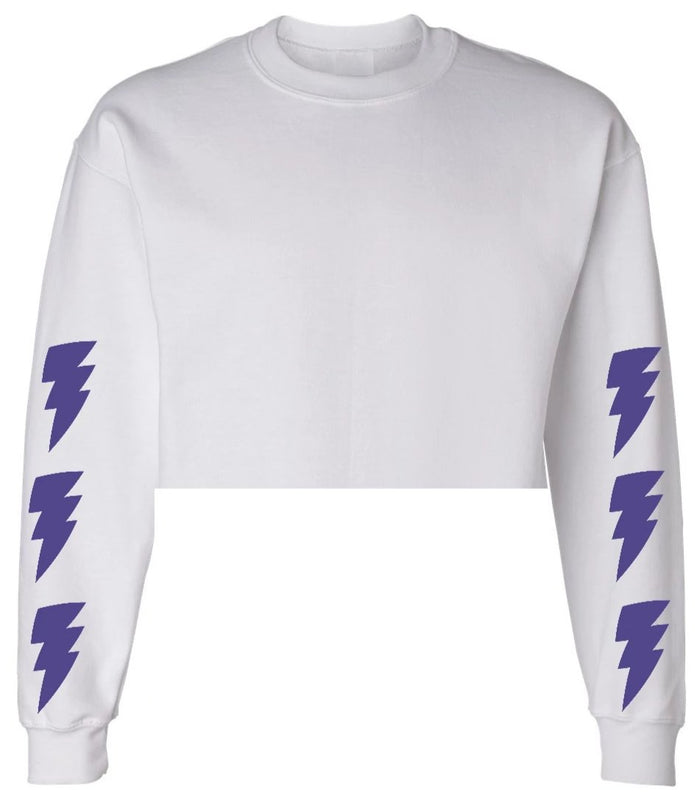 Lightning White Raw Hem Cropped Crewneck with Purple Bolts