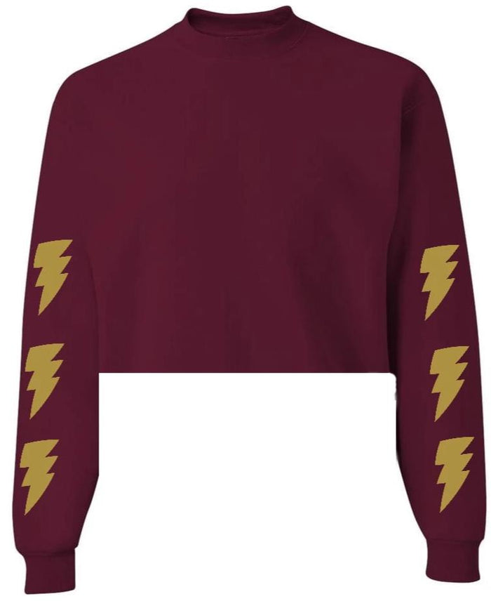 Lightning Maroon Raw Hem Cropped Crewneck with Metallic Gold Bolts