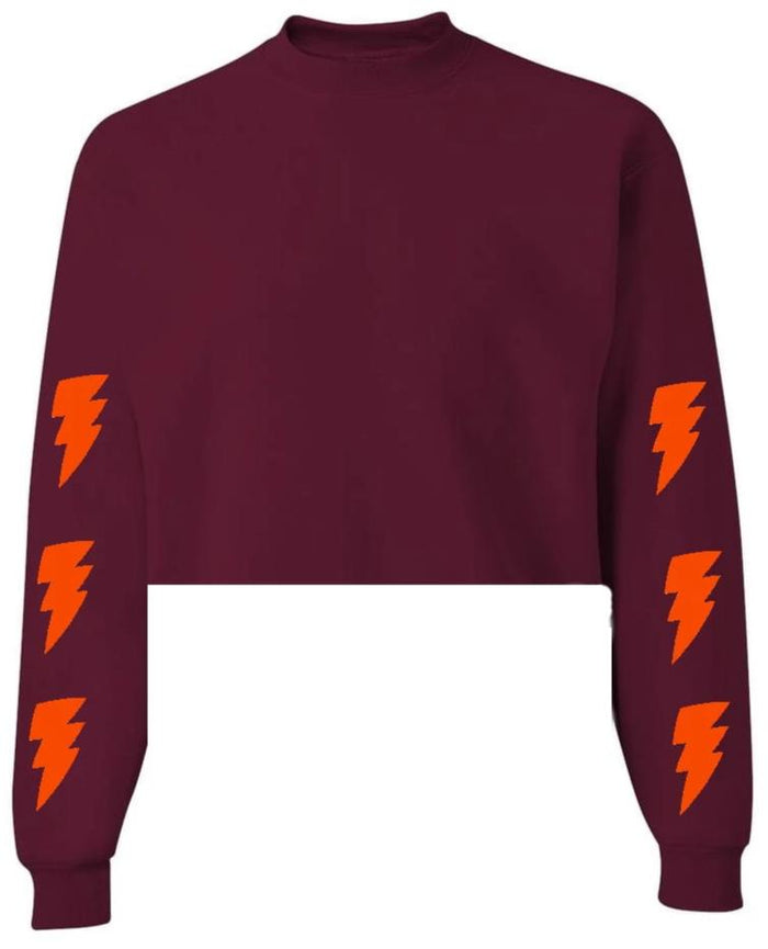 Lightning Maroon Raw Hem Cropped Crewneck with Orange Bolts