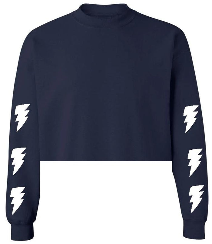 Lightning Navy Raw Hem Cropped Crewneck with White Bolts