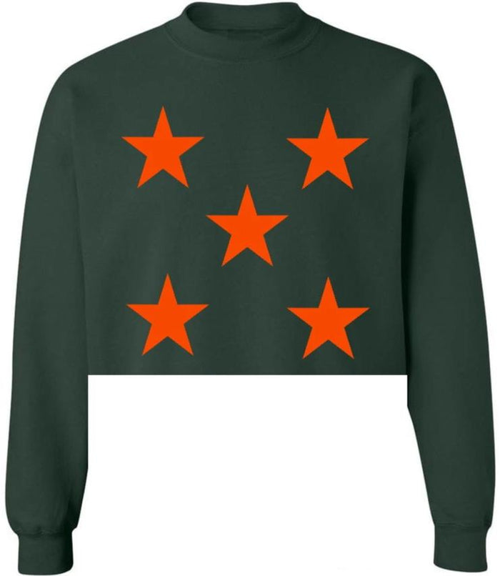 Star Power Forest Green Raw Hem Cropped Crewneck with Orange Stars