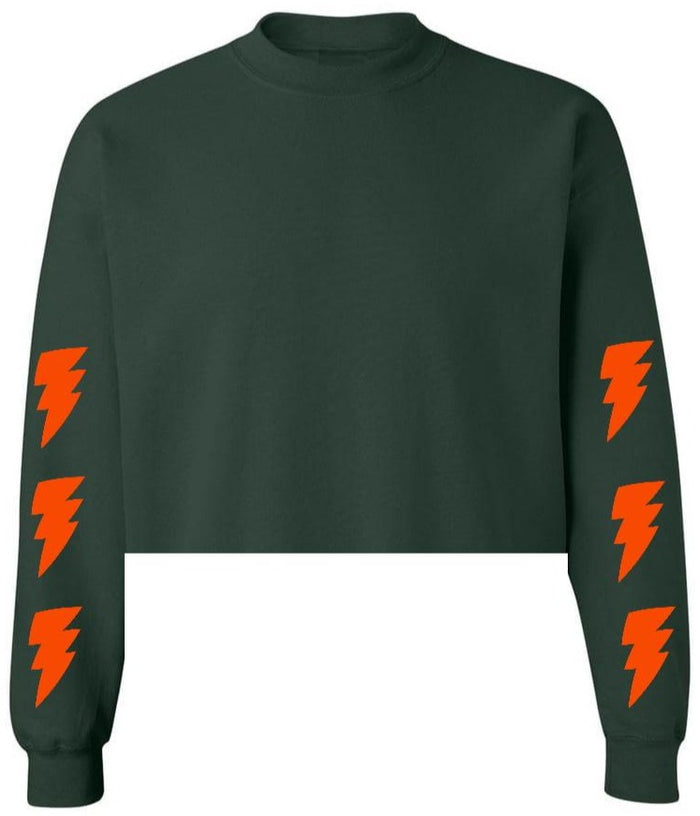 Lightning Forest Green Raw Hem Cropped Crewneck with Orange Bolts