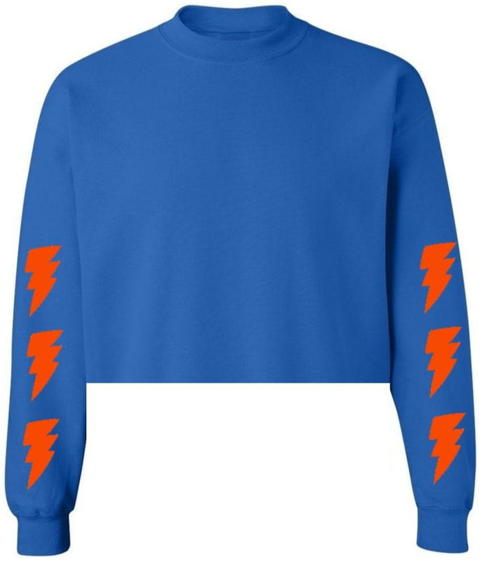 Royal Blue Lightning Raw Hem Cropped Crewneck with Orange Bolts