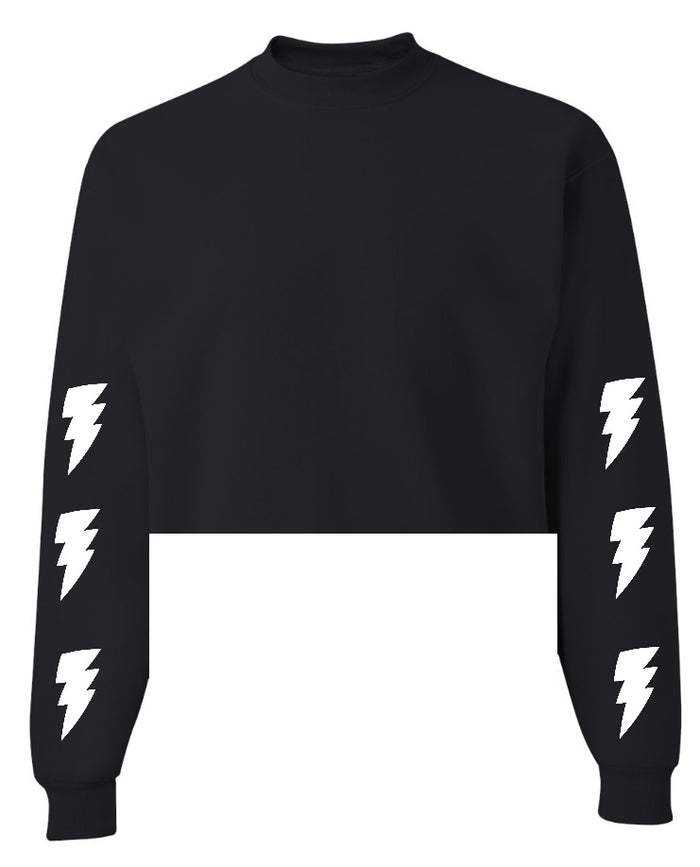 Lightning Black Raw Hem Cropped Crewneck with White Bolts