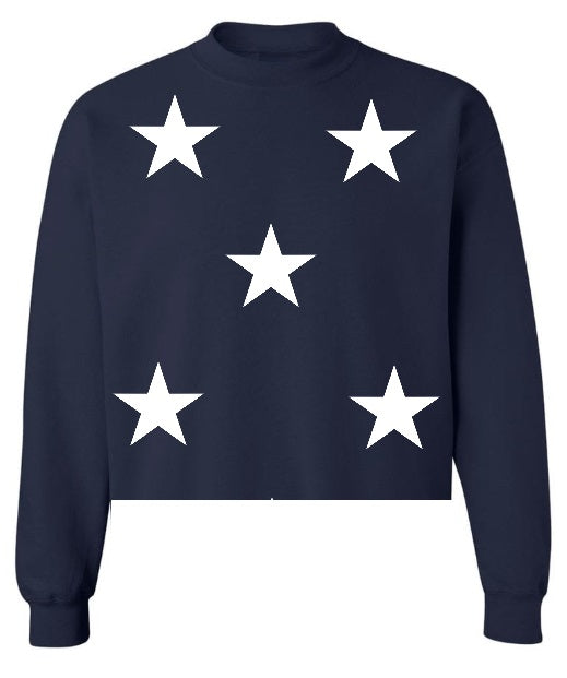 Star Power Navy Raw Hem Cropped Crewneck with White Stars