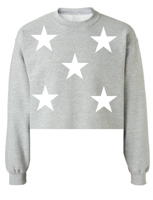 Star Power Grey Raw Hem Cropped Crewneck with White Stars