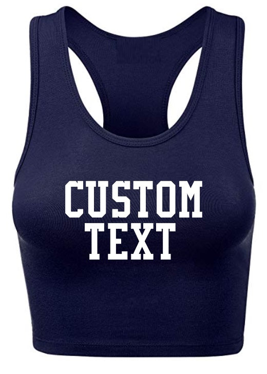 Custom Single Color Text Navy Racerback Crop Top