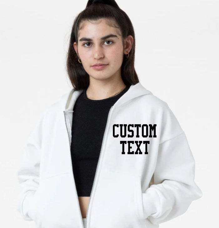 Custom Single Color Text Cropped Zip Up Hoodie (Available in 3 Colors)