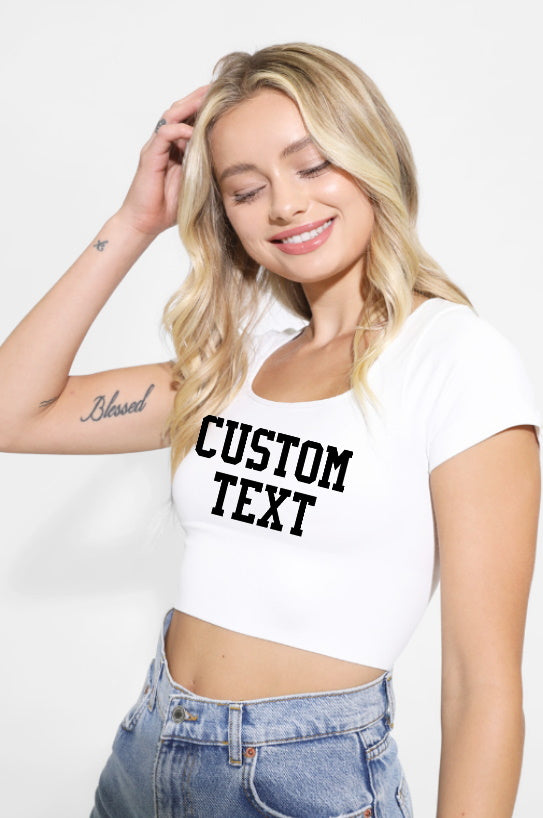 Custom Single Color Text Naomi Seamless Cap Sleeve Square Neck Crop Top (Available in 2 Colors)