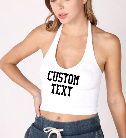 Custom Single Color Text Logan Seamless Ribbed Halter Crop Top (Available in 4 Colors)