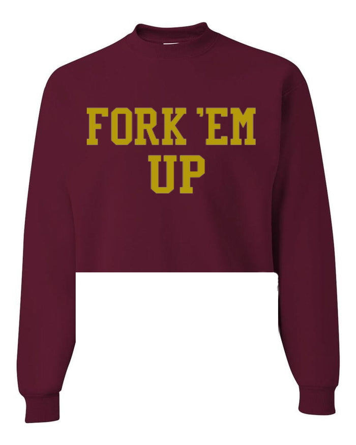 Fork 'Em Up Glitter Raw Hem Cropped Sweatshirt
