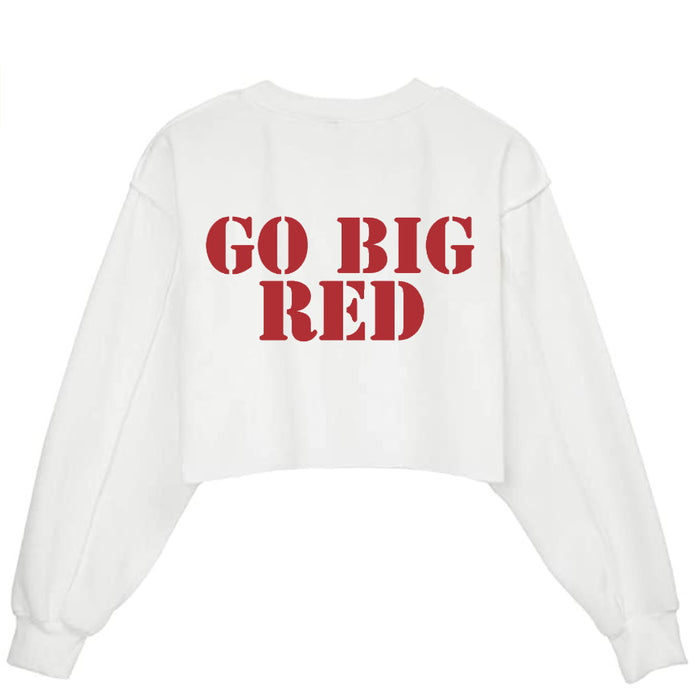 Go Big Red Glitter White Raw Hem Cropped Sweatshirt