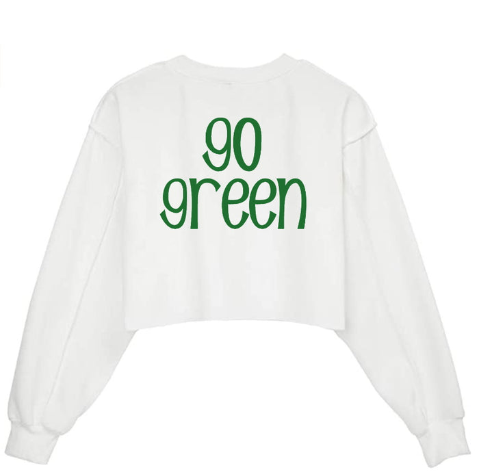 Go Green Glitter White Raw Hem Cropped Sweatshirt