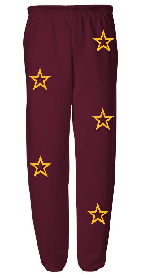 Starry Eyed Maroon Sweats with Bright Gold Stars