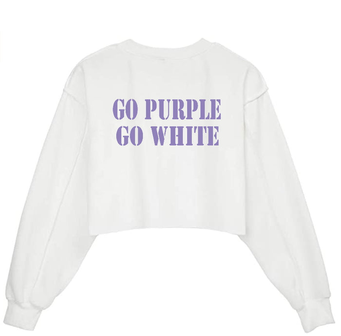 Go Purple Go White Raw Hem Cropped Sweatshirt