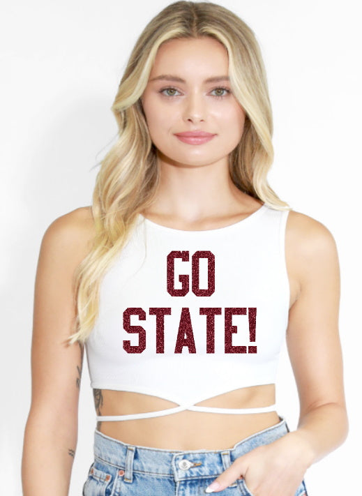 Go State! Glitter Tie Waist Ribbed Seamless Crop Top (Available in 2 Colors)
