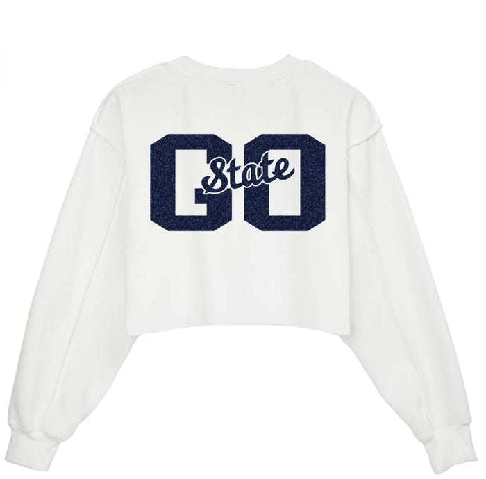 Go State Glitter Raw Hem Cropped Sweatshirt