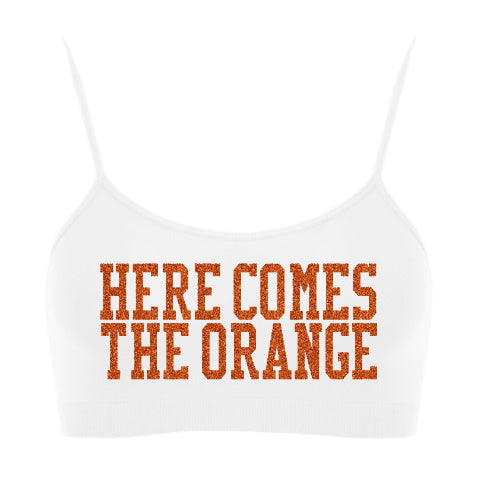 Here Comes The Orange Glitter Seamless Spaghetti Strap Super Crop Top (Available in 2 Colors)
